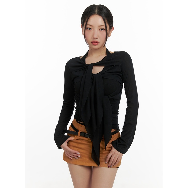 Ribbon Strap Cut Out Long Sleeve CY403 Black S/M