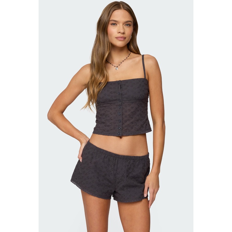 Shaya Button Up Eyelet Tank Top DARK GRAY XS