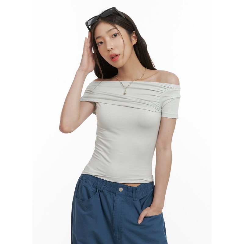 Shirred Off-Shoulder Slim Top CY416 Gray S/M