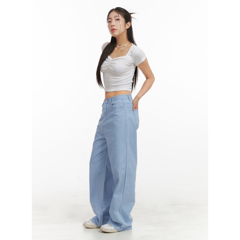 Solid Cotton Loose Fit Straight Jeans OA429 Light blue S