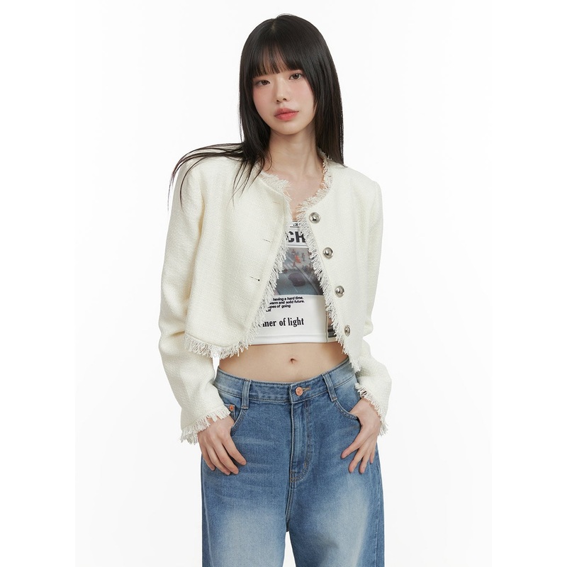 Tassel Trim Tweed Jacket CY414 Light beige S/M