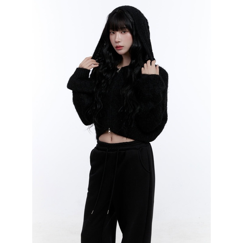 Cable Knit Cropped Hooded Cardigan CD419 Black M/L