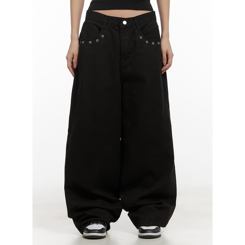 Cotton Eyelet Detail Wide-Leg Pants CD416 Black S