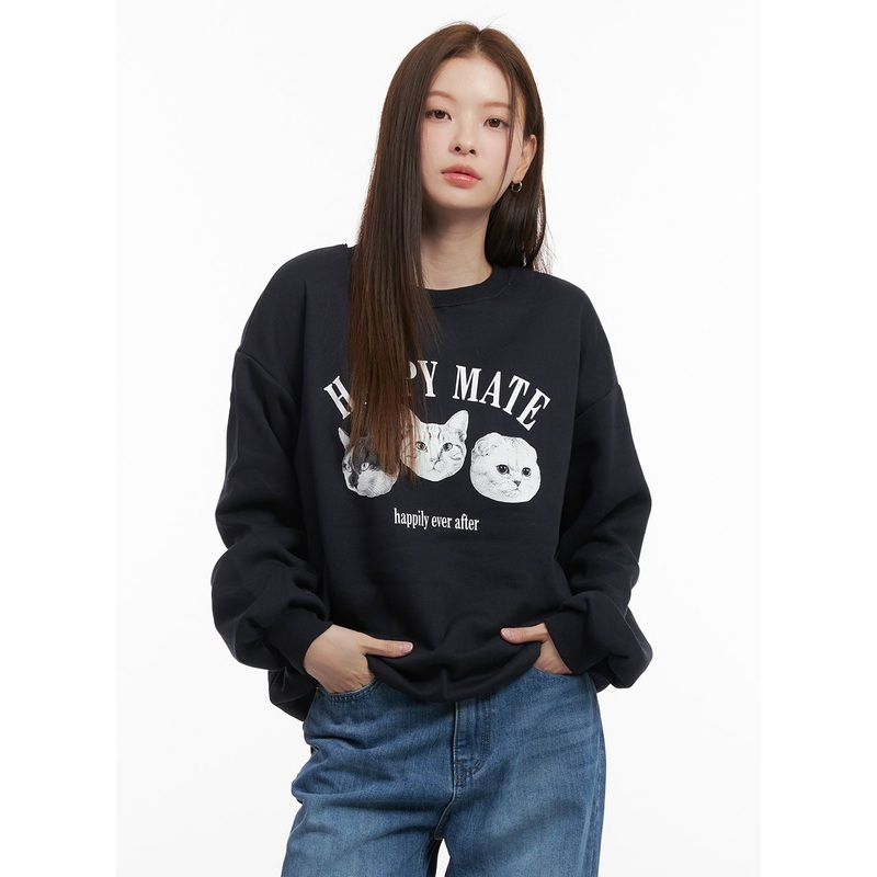 Cozy Animal Printed Sweatshirt  OD417 Dark blue S/M