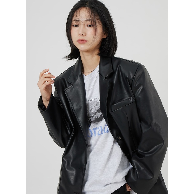 Faux Leather Oversized Jacket OM306 Brown S/M