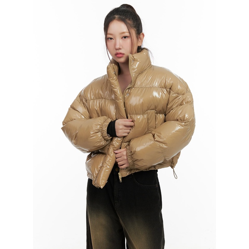 Glossy Cropped Puffer Jacket CD416 Beige M/L