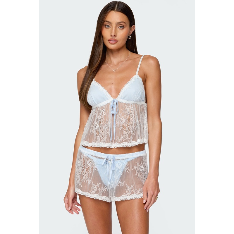 Laina Contrast Sheer Lace Babydoll Top BLUE AND WHITE XS