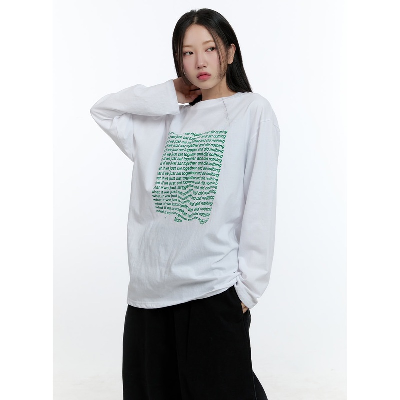 Oversized Graphic Phrase Long Sleeve Top CD424 White M/L