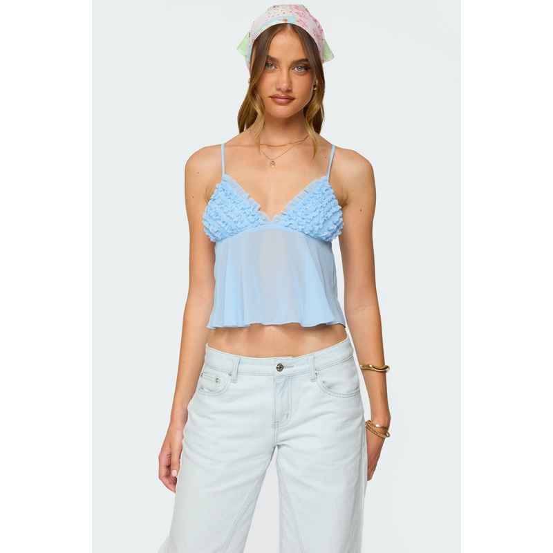 Ruffle Sheer Chiffon Babydoll Tank Top LIGHT BLUE XS