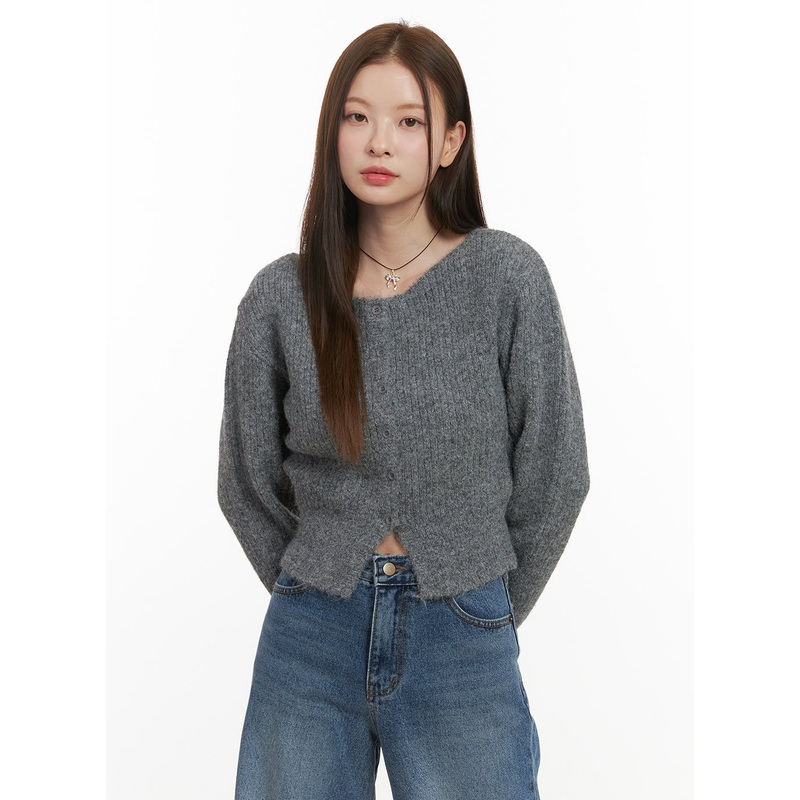 Wool Blend Button-Up Crop Sweater OD417 Gray S/M