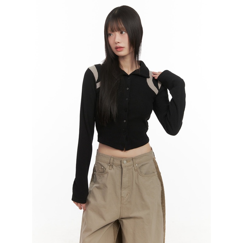 Buttoned Slim-Fit Cropped Cardigan CD426 Black S/M