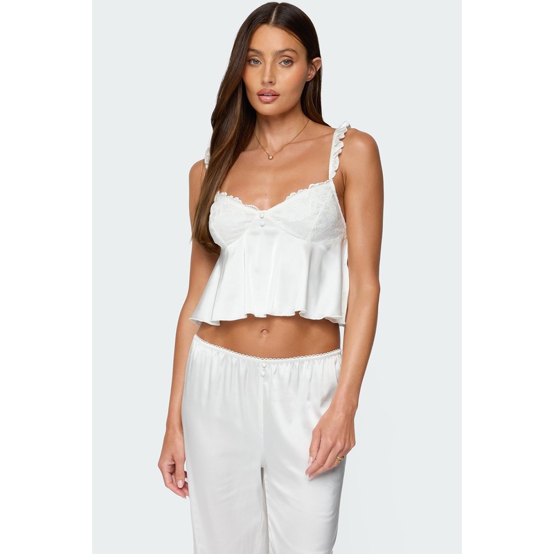Izabella Lacey Satin Effect Ruffle Top WHITE XS