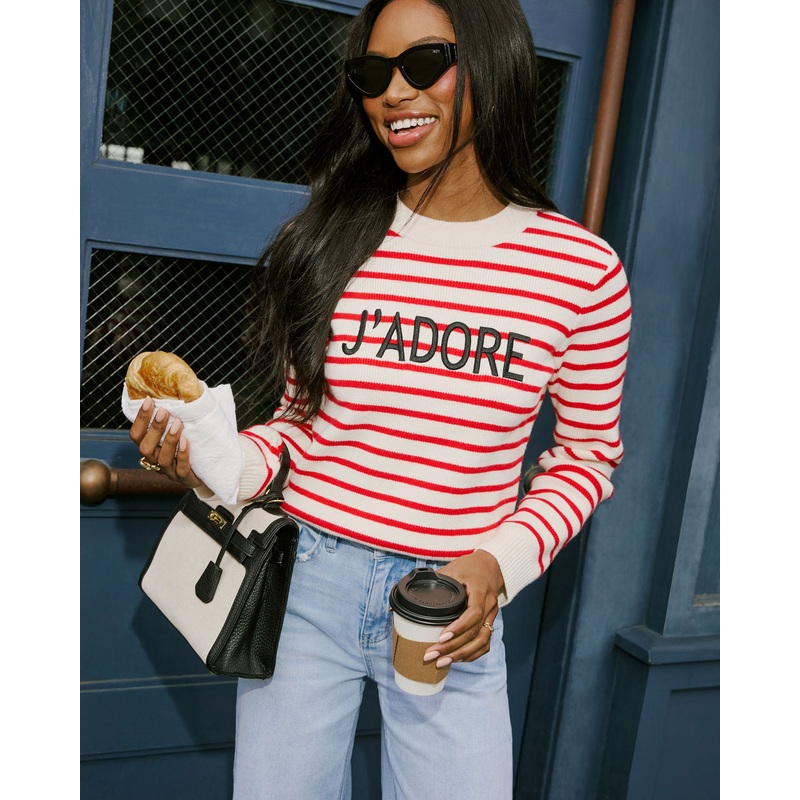 J’Adore Striped Graphic Sweater Cream/Red XS
