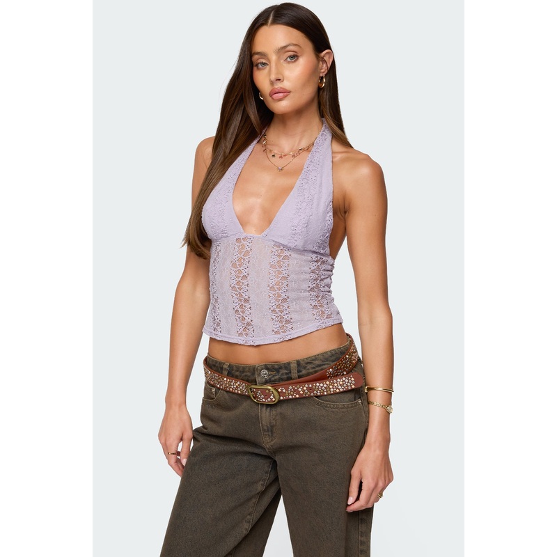 Naya Textured Sheer Lace Halter Top LILAC XS