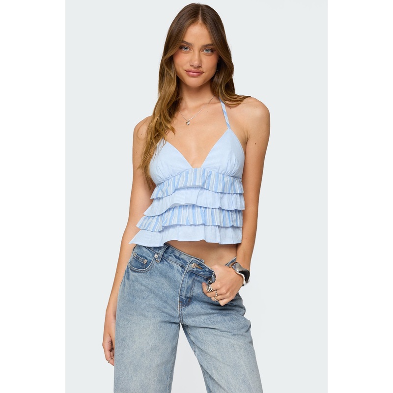 Tiered Ruffle Backless Striped Halter Top BLUE AND WHITE XS