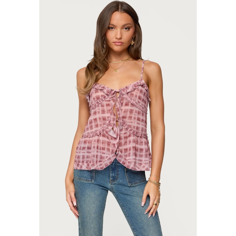 Chiffon Printed Tie Front Ruffle Top PINK XS
