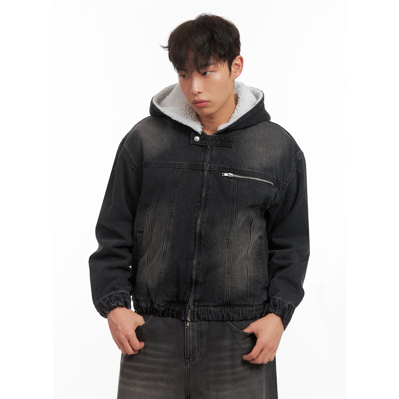 Men’s Warm Hooded Zip-Up Denim Jacket ID431 Black M/L