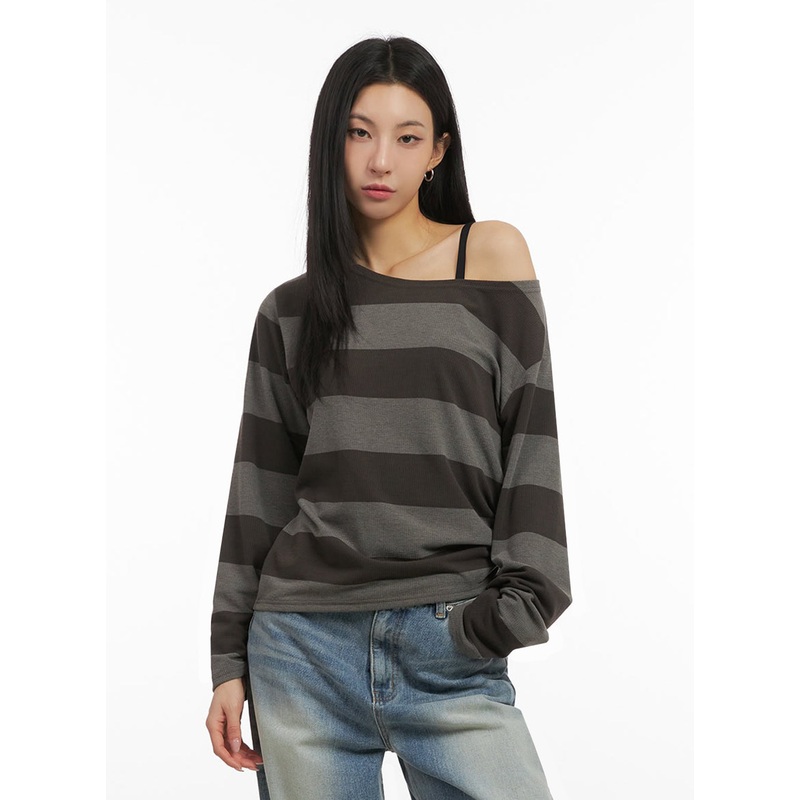 One-Shoulder Striped Top ID431 Dark green M/L