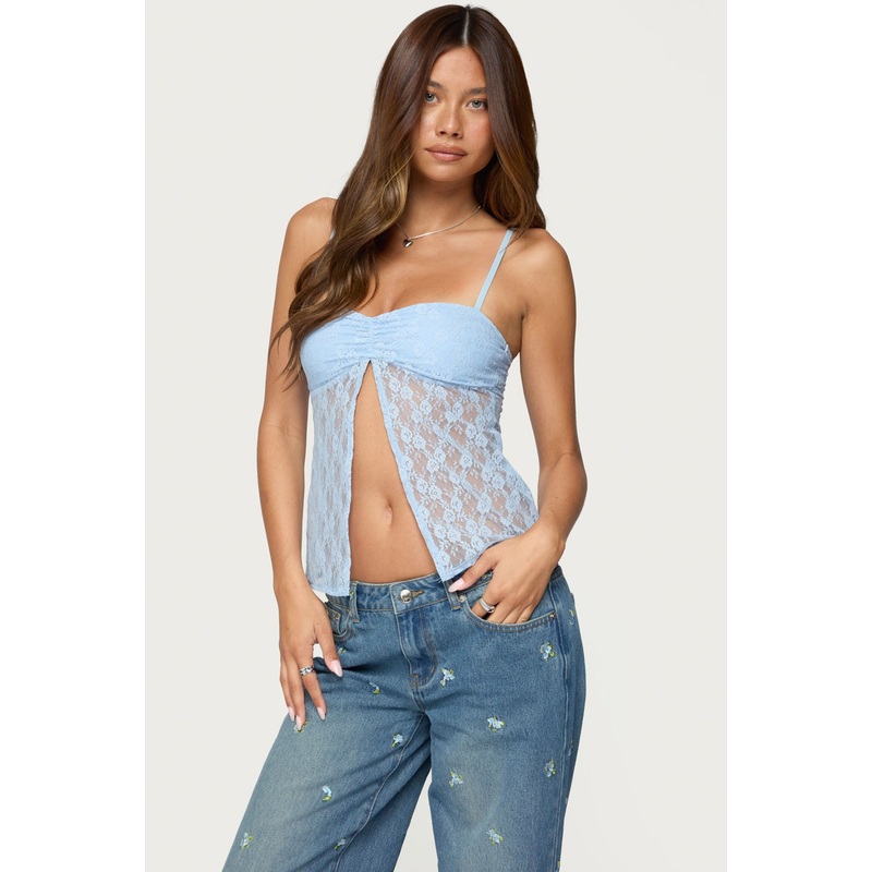 Priya Sheer Lace Split Front Top LIGHT BLUE XS