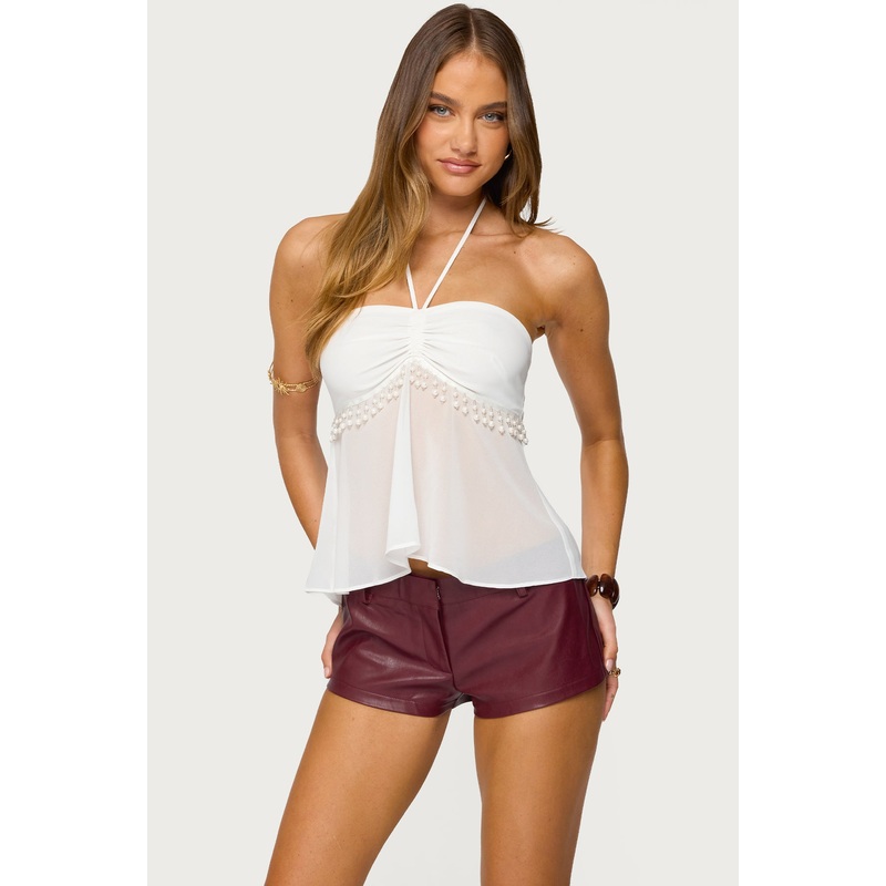 Sheer Chiffon Babydoll Halter Top WHITE XS