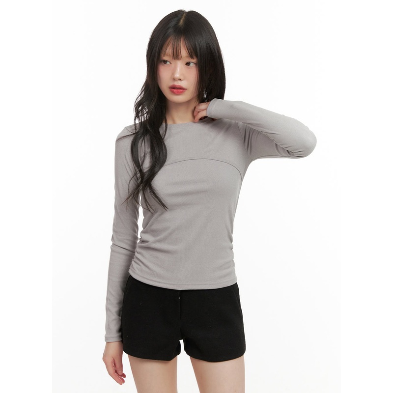 Shirred Slim-Fit Long Sleeve Top CJ506 Light gray S/M