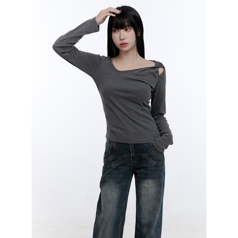 Unbalanced Cut Out Long Sleeve Top CD420 Dark gray S/M