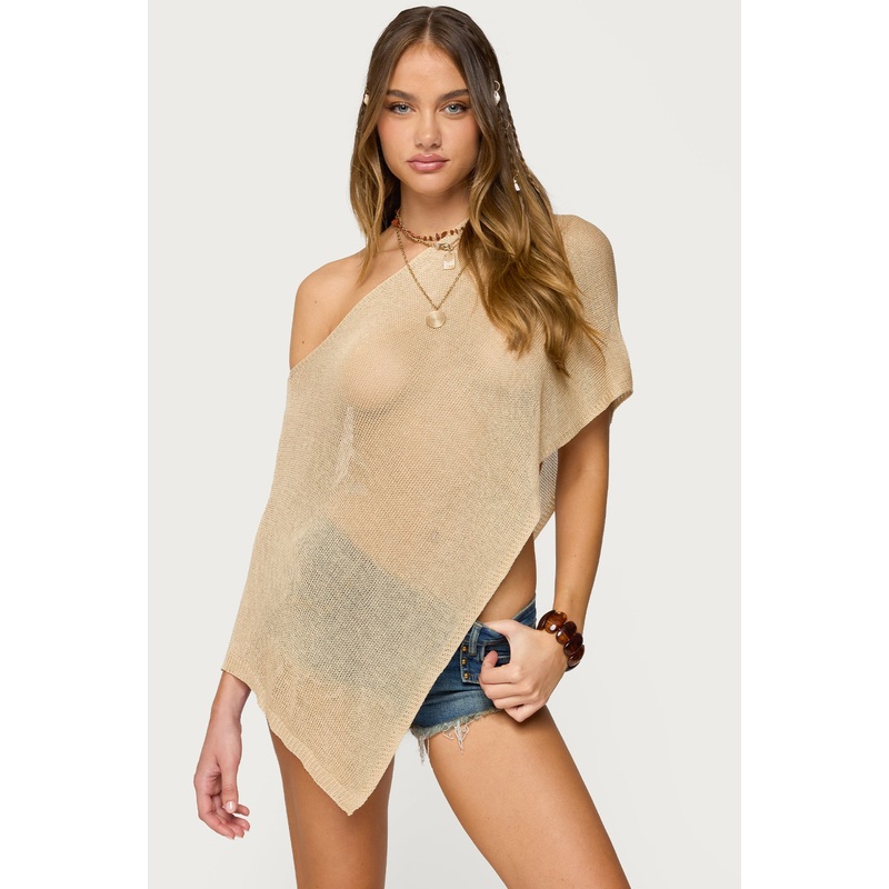 Azalia Asymmetric Knit Poncho BEIGE XS