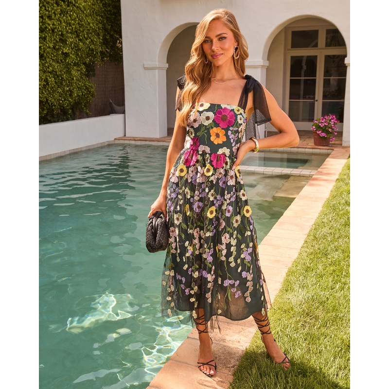 Falling Petals Floral Midi Dress Black Multi XS