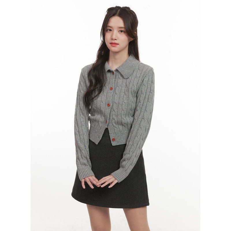 Cable-Knit Collared Buttoned Cardigan CJ514 Gray S/M