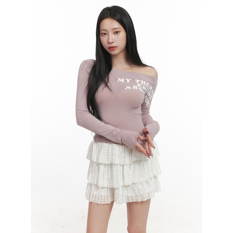 One-Shoulder Long-Sleeve Crop Top CJ516 Pink S/M