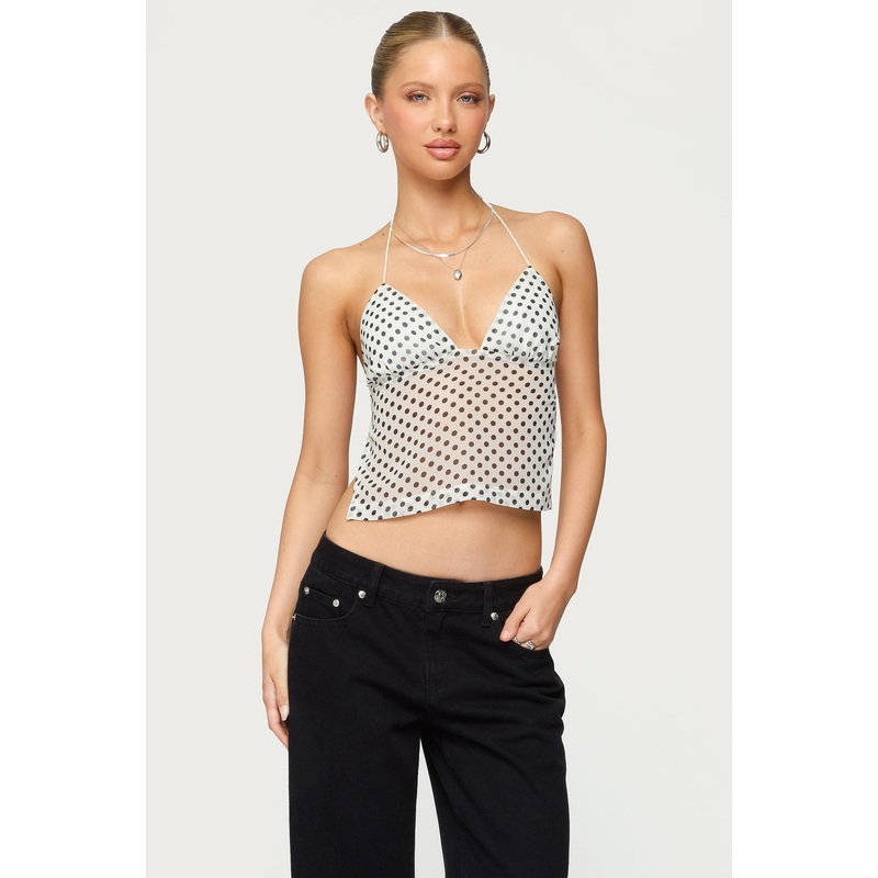 Polka Dot Backless Chiffon Top CREAM AND BLACK XS