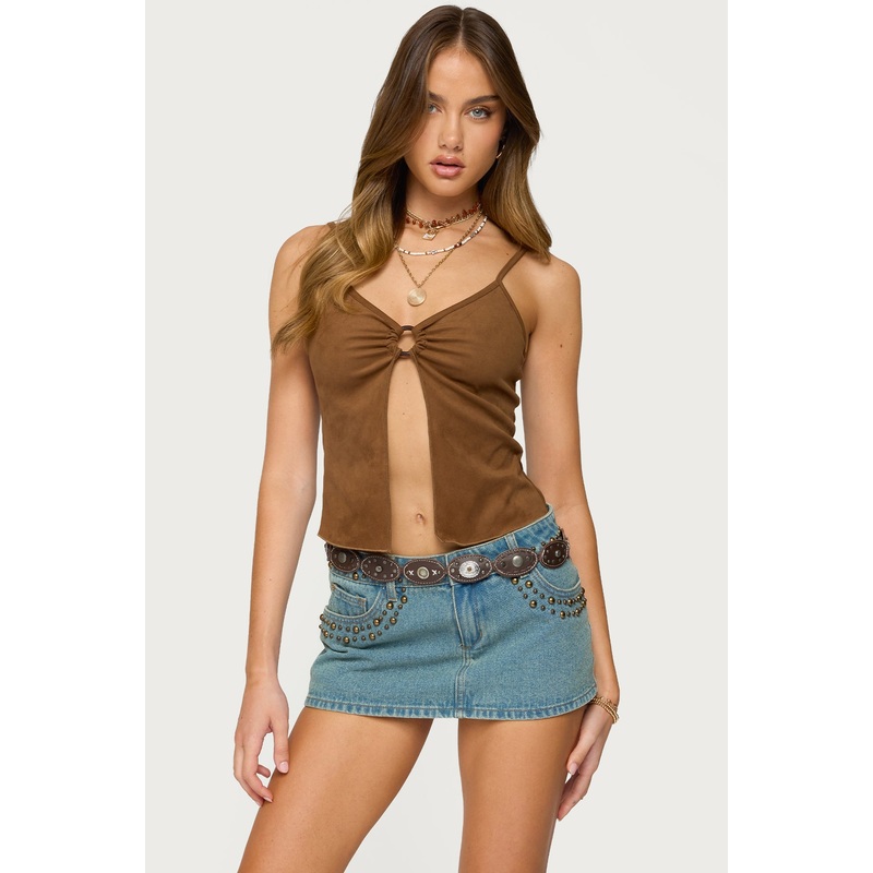 Split Front Faux Suede Tank Top BROWN XS