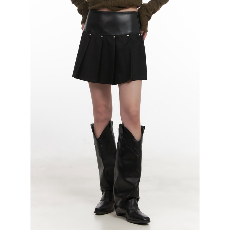 Studded Mini Skirt with Faux Leather Waistband CJ517 Black S/M