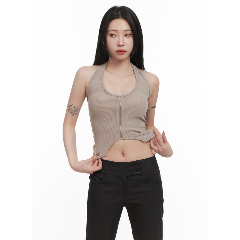 Zip-Up Halter-Neck Crop Top CJ516 Beige S/M
