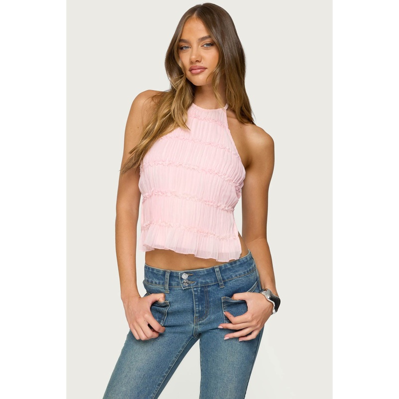 Amit Tiered Chiffon Halter Top LIGHT PINK XS