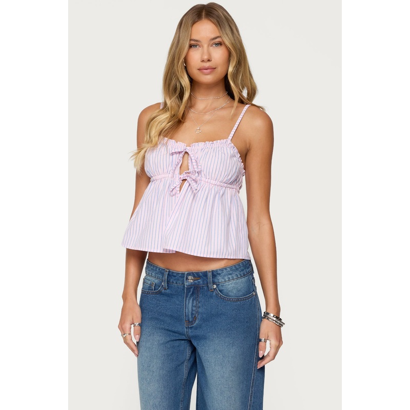 Avenly Striped Tie Front Babydoll Top PINK XS