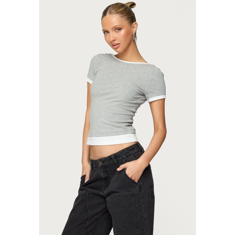 Julietta Contrast Layered T Shirt GRAY MELANGE XS