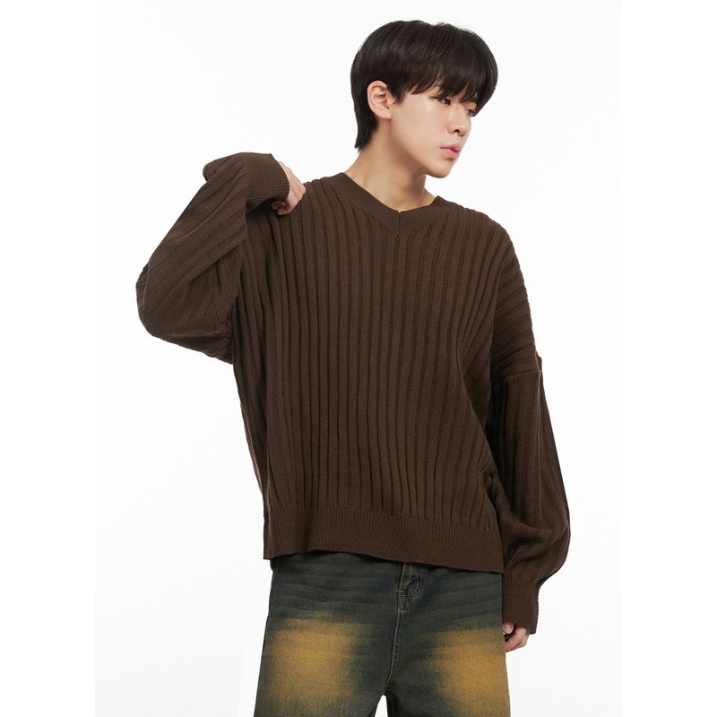 Men’s Loose-Fit V-Neck Sweater IJ517 Dark brown M/L