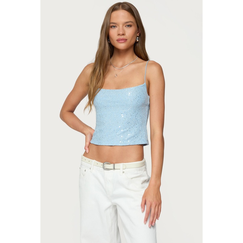 Metallic & Sequin Textured Tank Top LIGHT BLUE XS