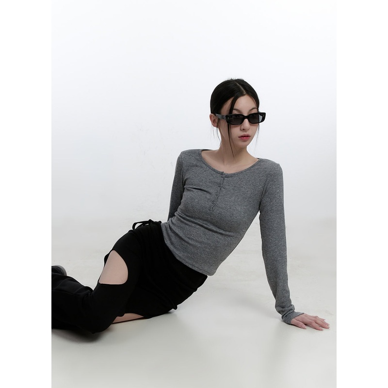 Back Cut-Out Slim-Fit Long Sleeve Top CJ521 Gray S/M