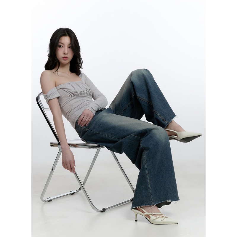 One-Shoulder Asymmetric Shirred Top CJ520 Gray S/M