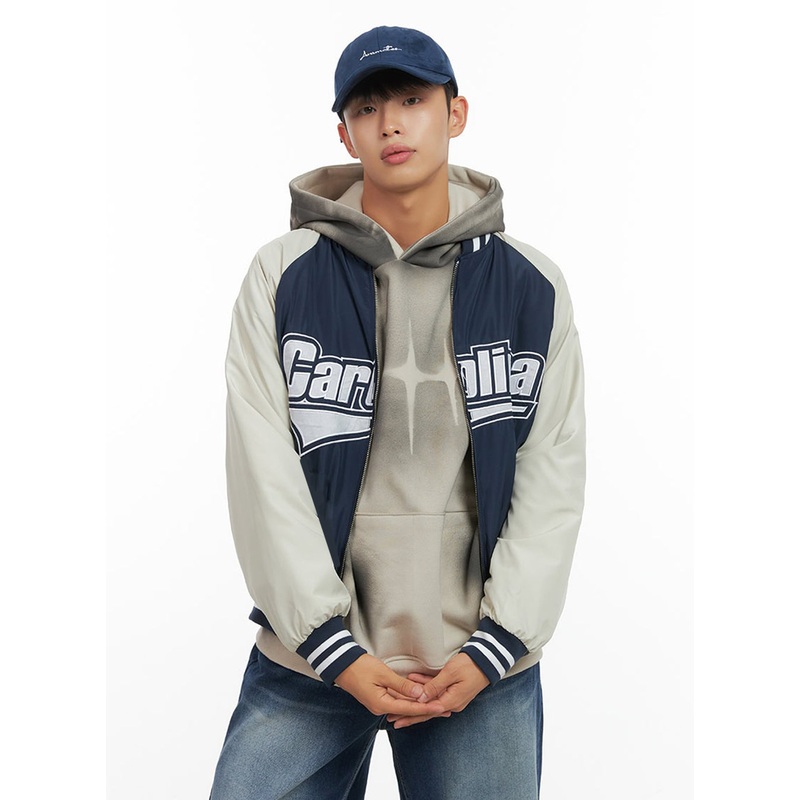 Graphic Nylon Zip Up Varisty jacket  IO420 Dark blue M/L