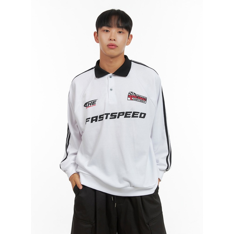 Men’s Buttoned Collar Raglan Long Sleeve Tee IS420 White M/L