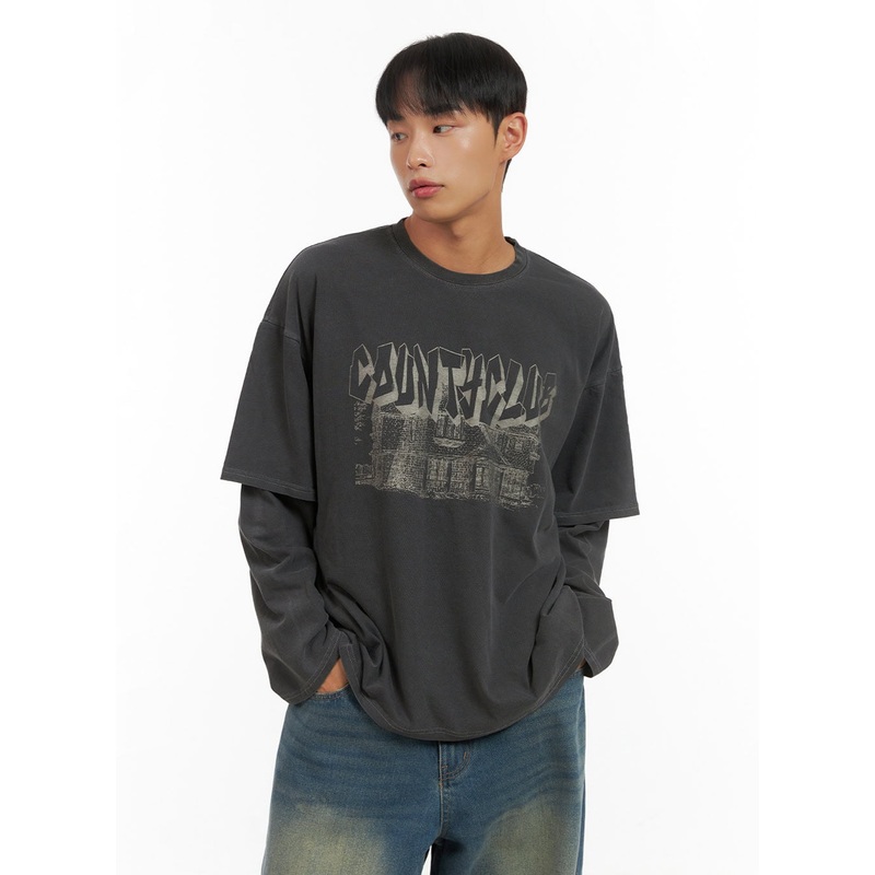 Men’s Cotton Graphic Layered Long Sleeve IS420 Dark gray M/L