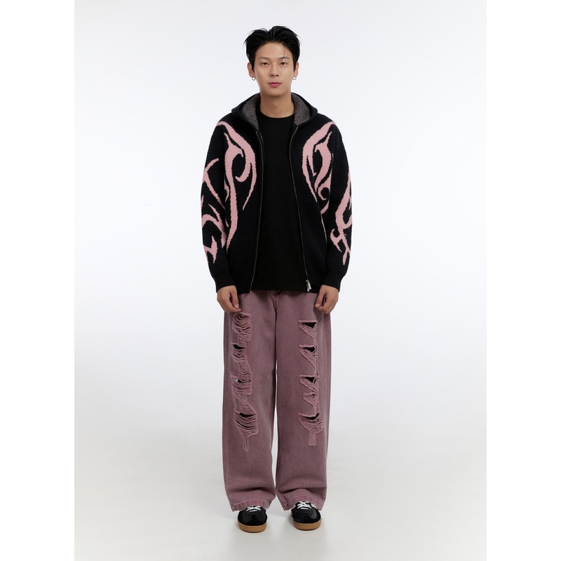 Men’s Distressed Wide Leg Pants IO428 Dark red S