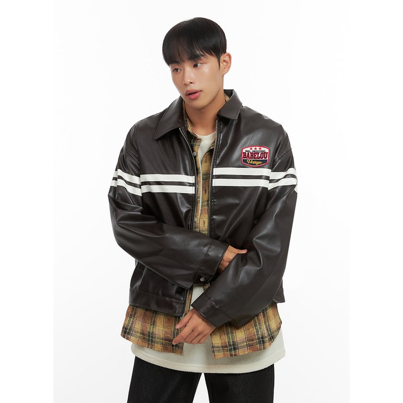 Men’s Patched Zip-Up Rider Jacket IO420 Dark brown M/L