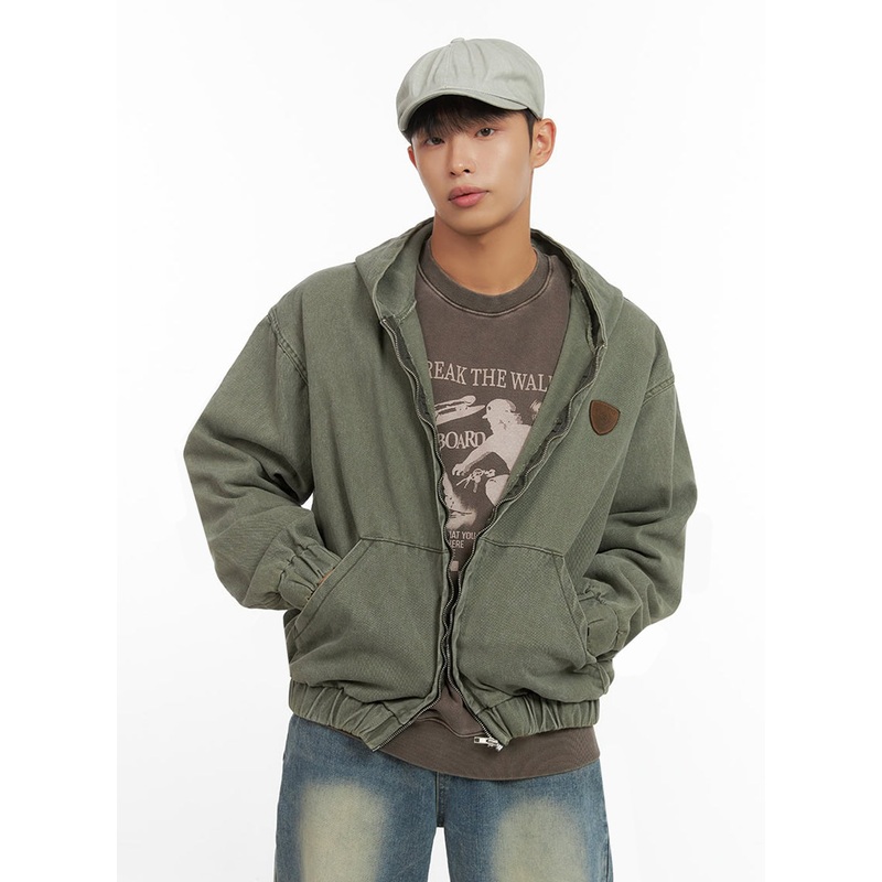 Men’s Washed Zip Up Hooded Jacket IO420 Dark green M/L