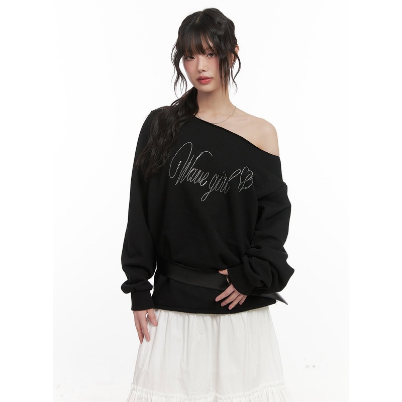 Chic One-Shoulder Studded Sweatshirt CJ523 Black M/L