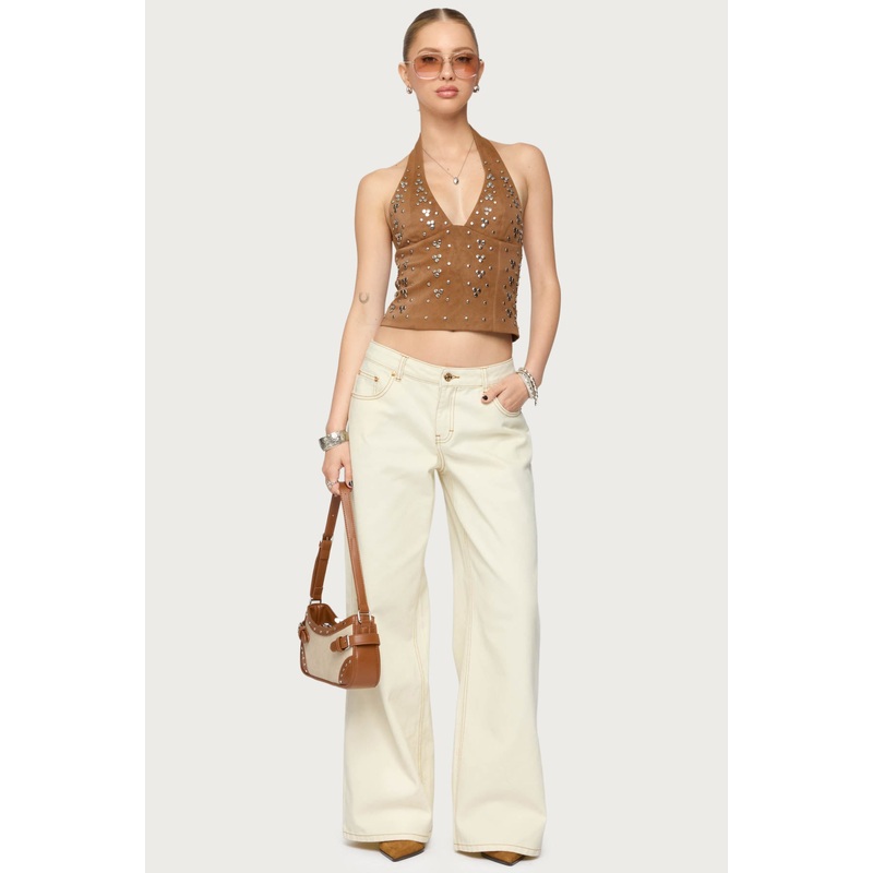 Contrast Stitch Low Rise Wide Leg Jeans CREAM XS