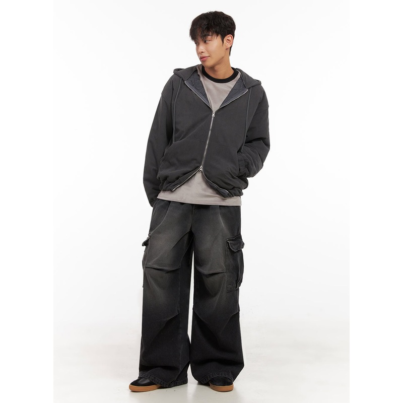 Men’s Wide-Fit Denim Cargo Jeans ID427 Black M/L